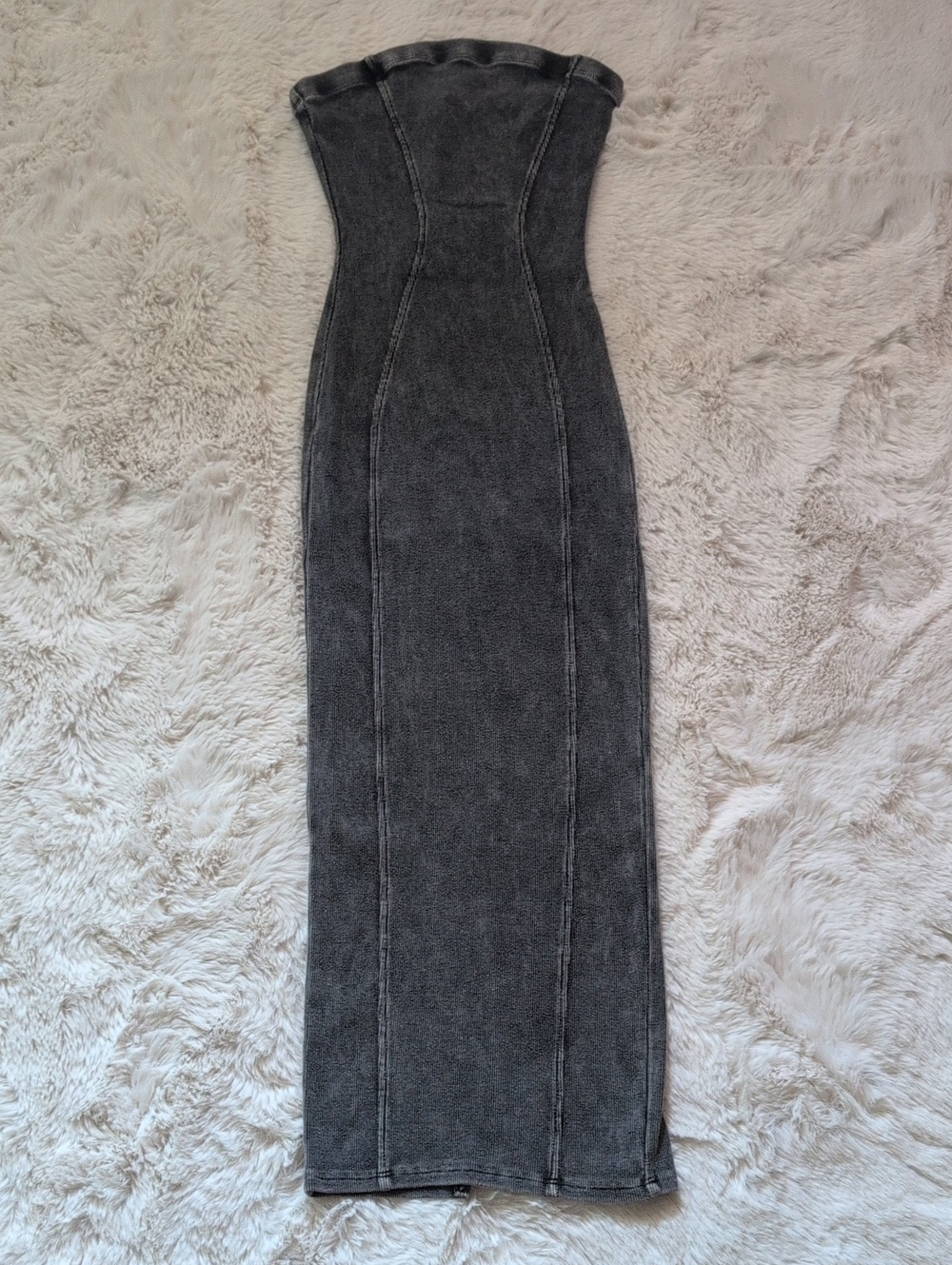 Bijou Strapless Fitted Midi Dress in Charcoal Gray